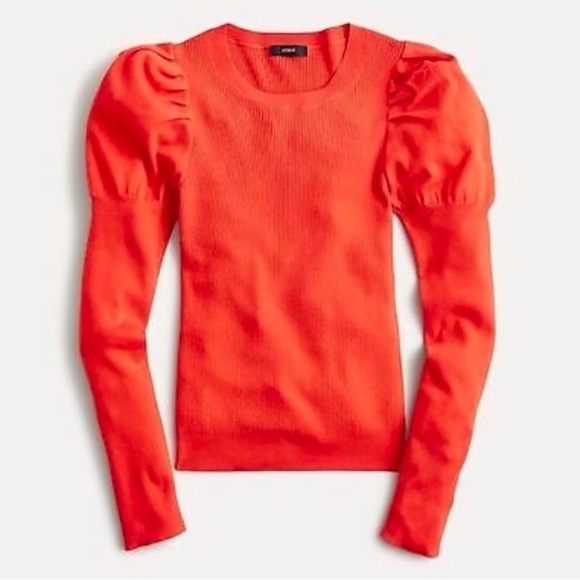 J. Crew Puffed Sleeve Ribbed Silk-Blend Sweater in Brilliant Sunset Red Medium - Picture 1 of 9
